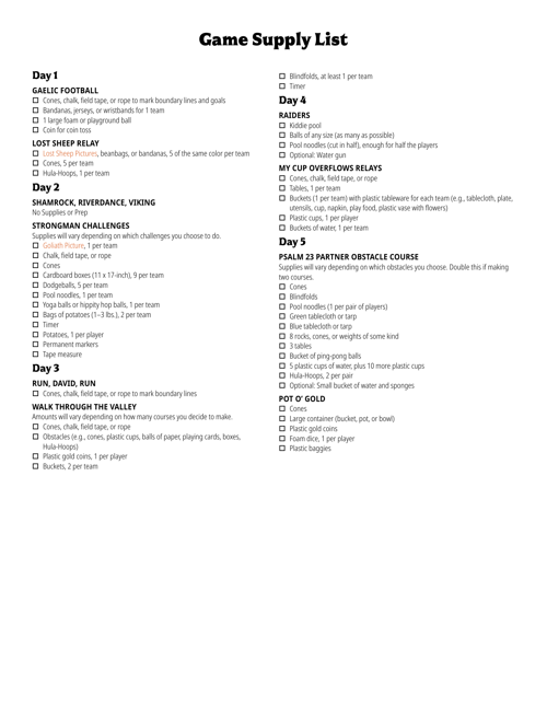 Games Supply List
